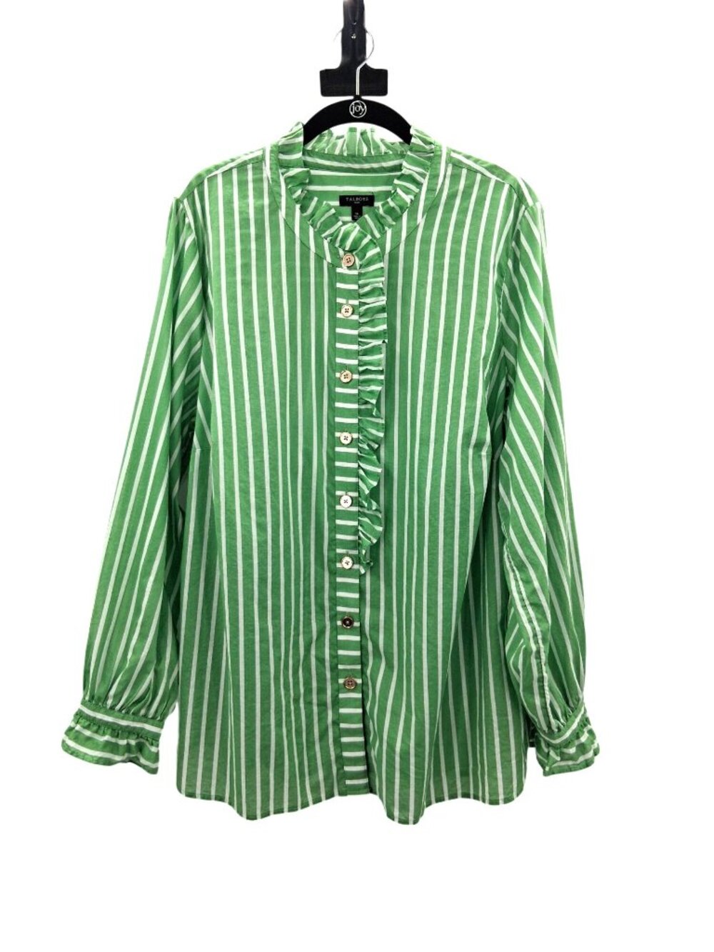 Talbots Green & White Striped Ruffle Blouse Size 1X Cotton Long Sleeve